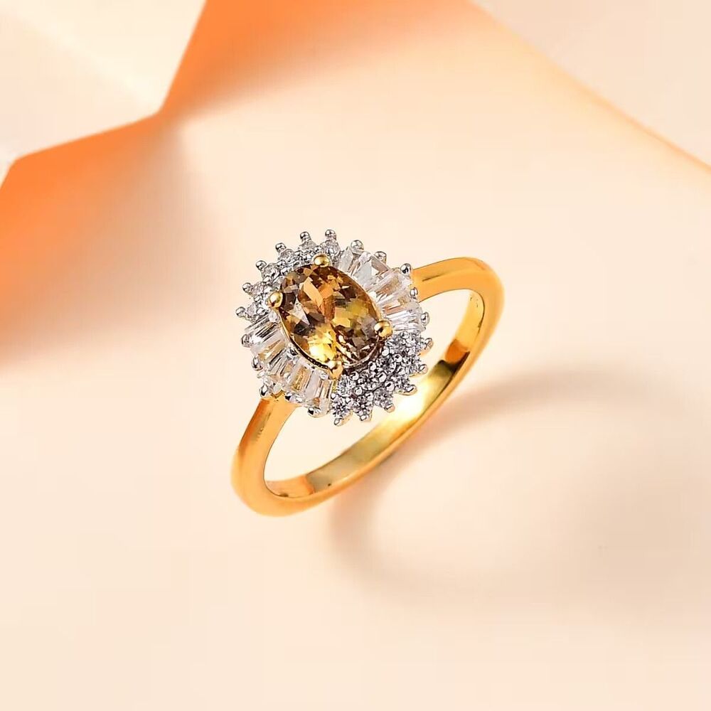 Golden Tanzanite White Zircon Sunburst Ring in 18K Vermeil Yellow Gold Over 925